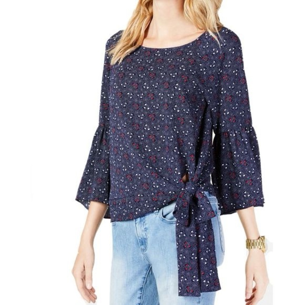 Michael Kors Navy Blue Clover Heart Tie Bottom Blouse Bell Sleeves size Small